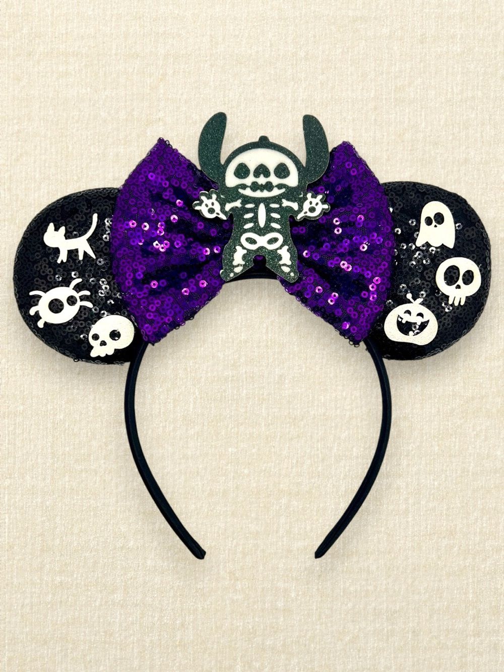Black Sequin Skeleton Stitch Minnie Ears | Disney-Inspired Halloween Mouse Ears